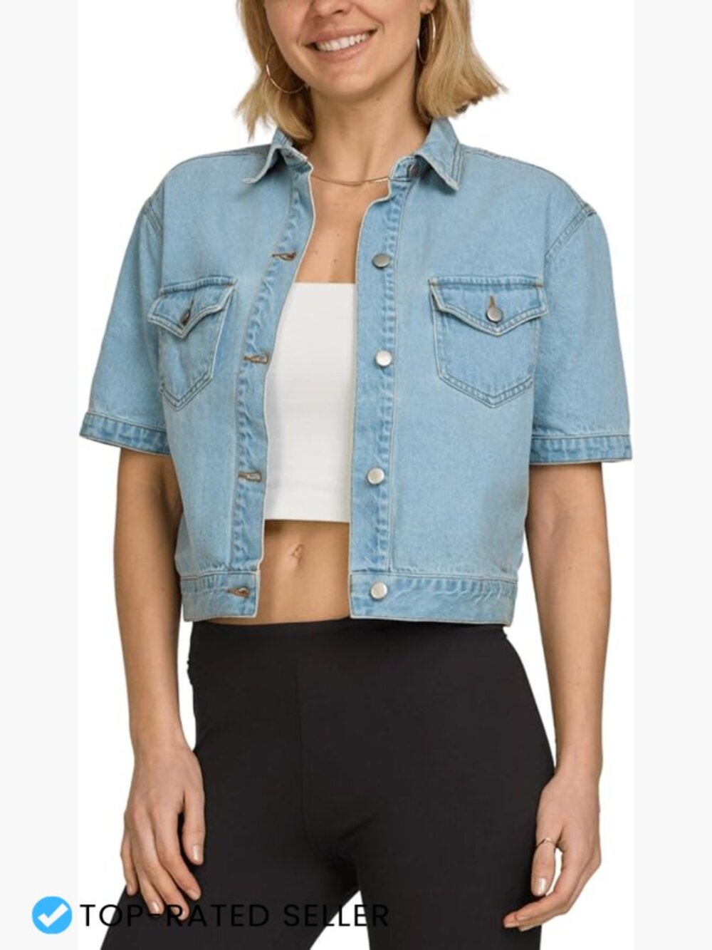 Cropped Denim Jacket Button Front Short Sleeve Women's Lightweight Casual Chic